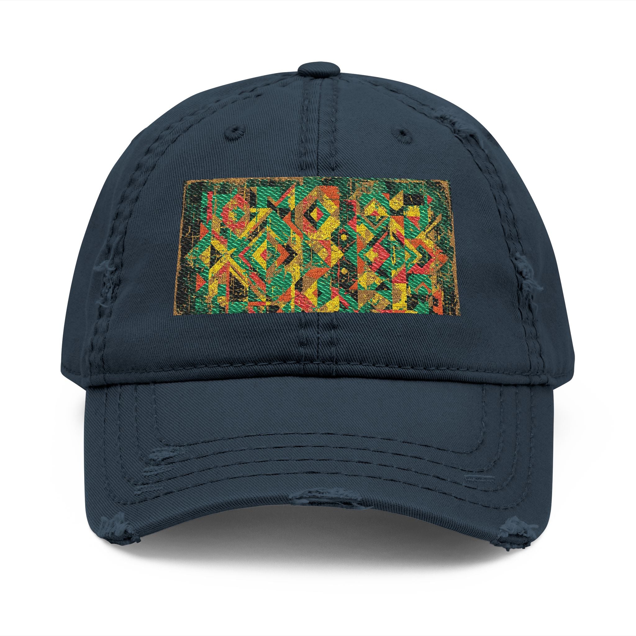 Abstract Colorful Geometric Embroidery Dad Hat | Distressed Patch Cap