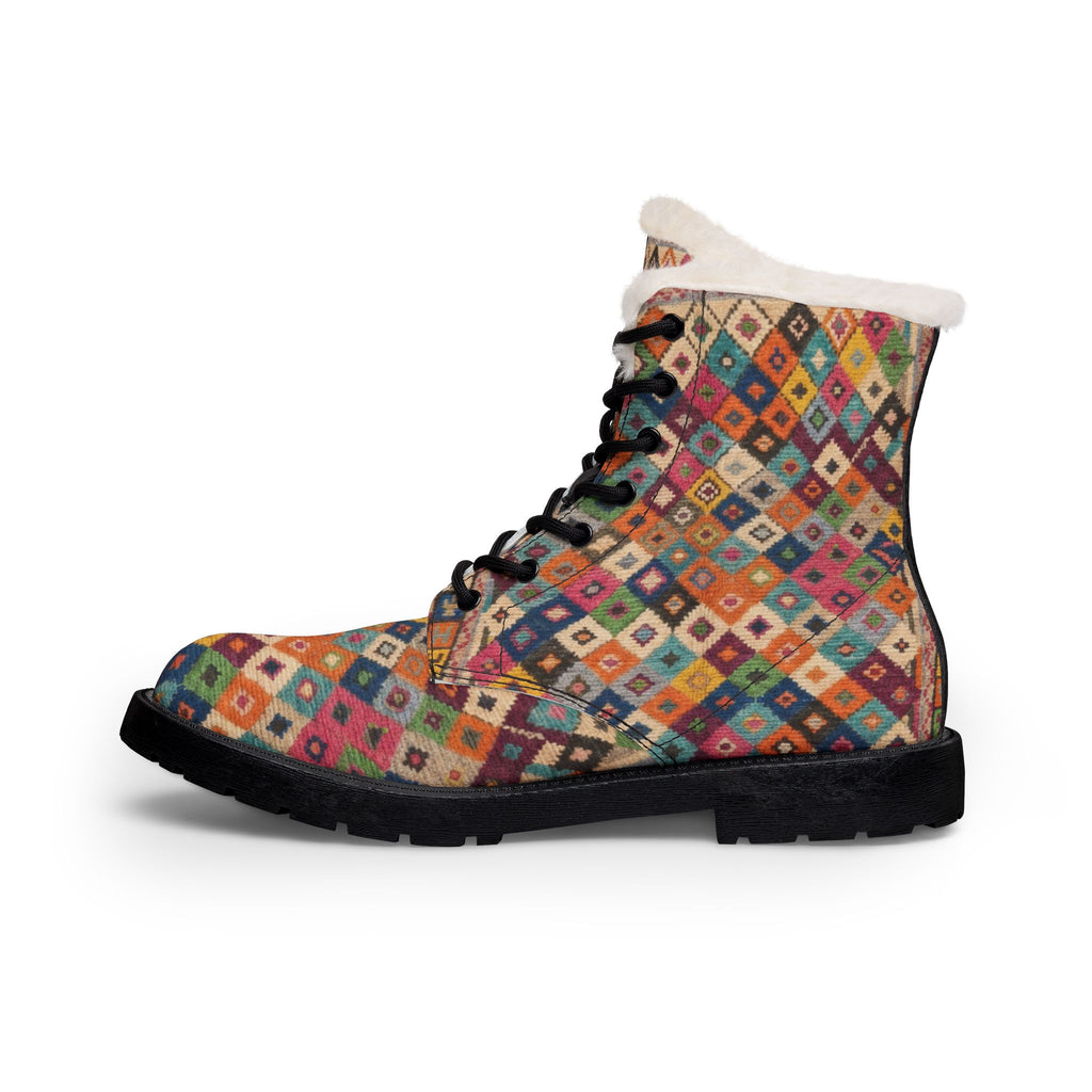 Colorful Diamond Patchwork Boots | Fur Lined Leather Boots