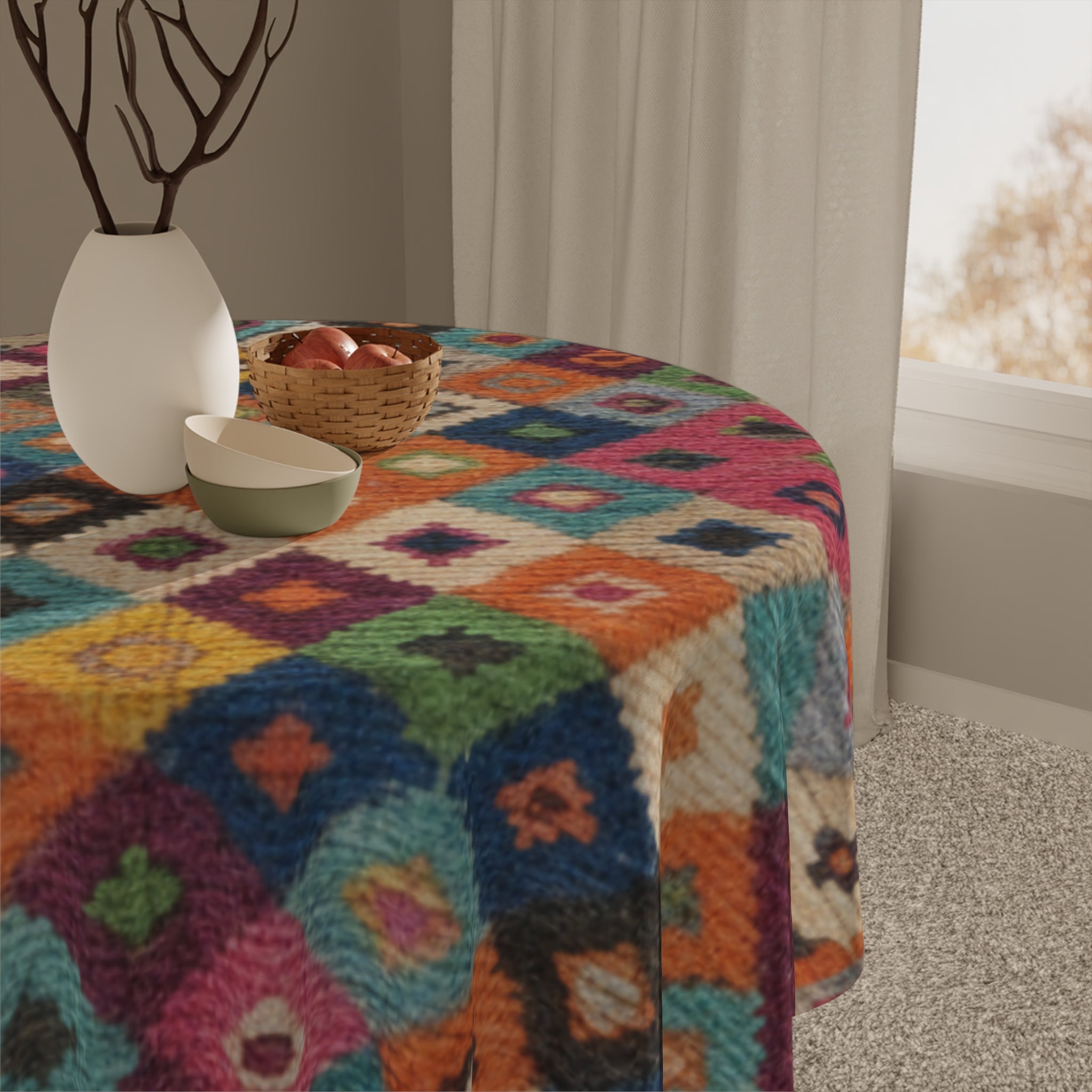 Colorful Ikat Diamond Pattern Tablecloth | Boho Kitchen Dining Decor