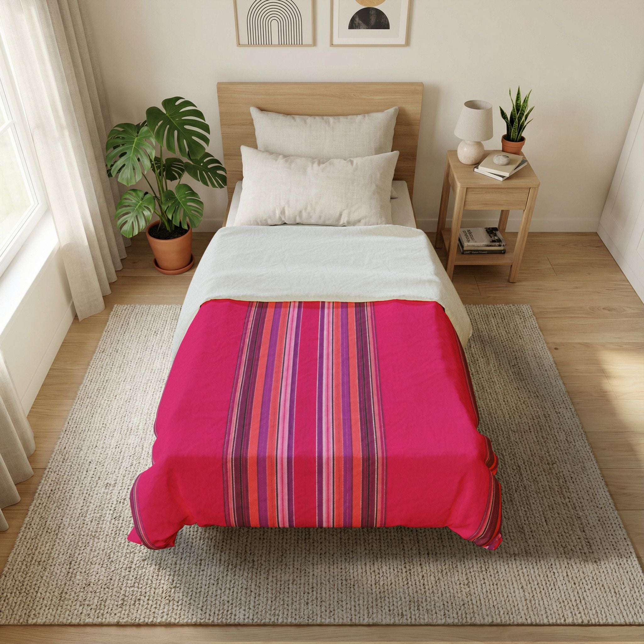 Pink Striped Cotton Duvet Cover | Bright Vertical Stripe Bedding