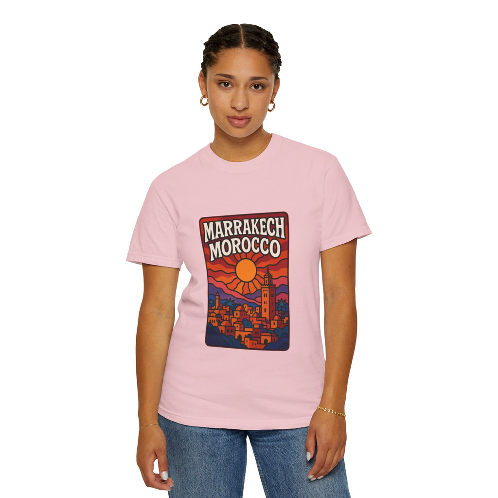Marrakech Morocco Sunset Illustration T-Shirt | Moroccan Cityscape Tee
