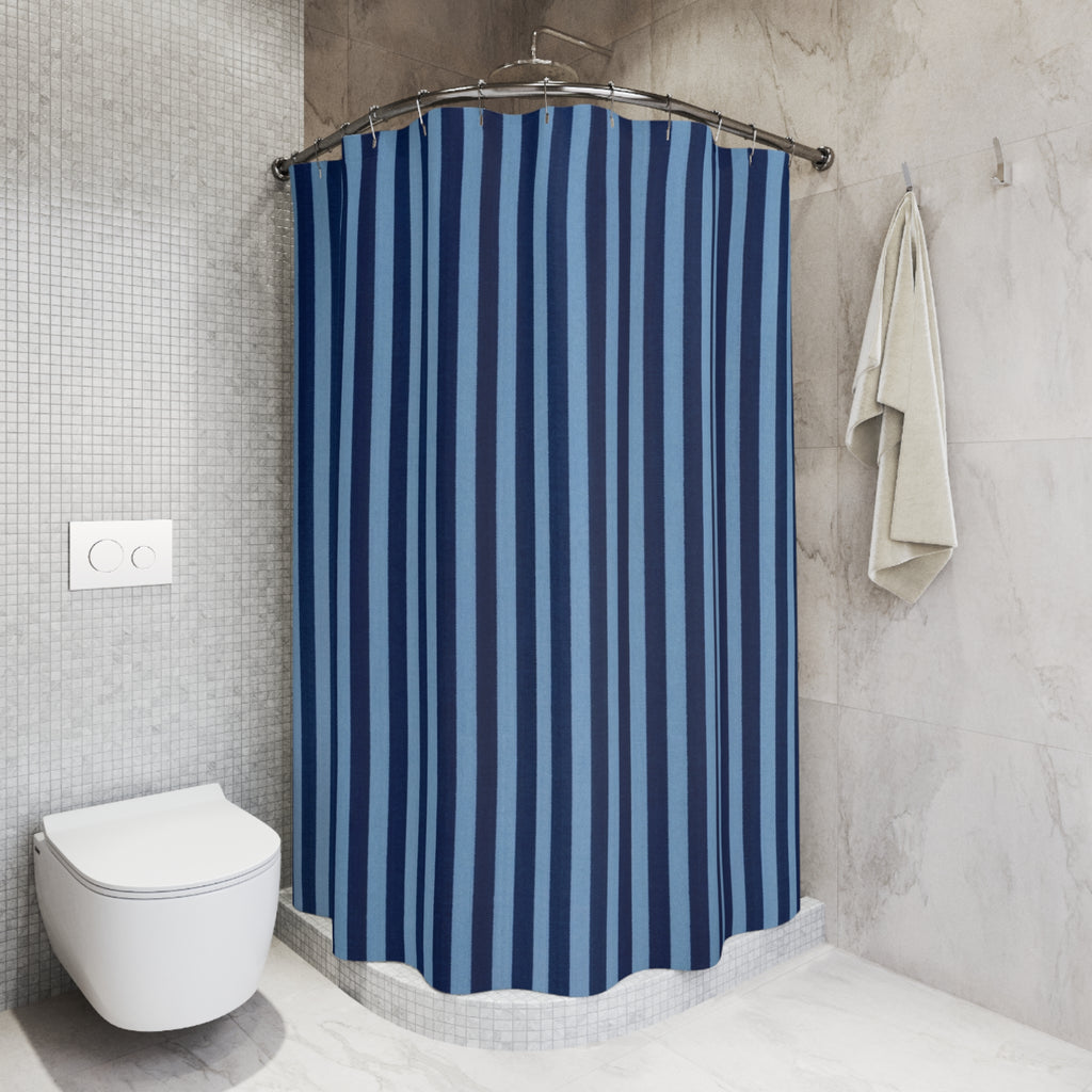 Navy and Light Blue Vertical Stripes Shower Curtain | Modern Bathroom Decor