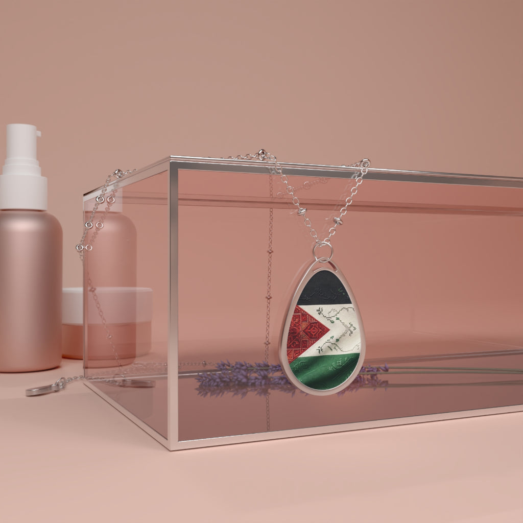 Palestinian Flag Oval Necklace | Teardrop Pendant, Silver Tone