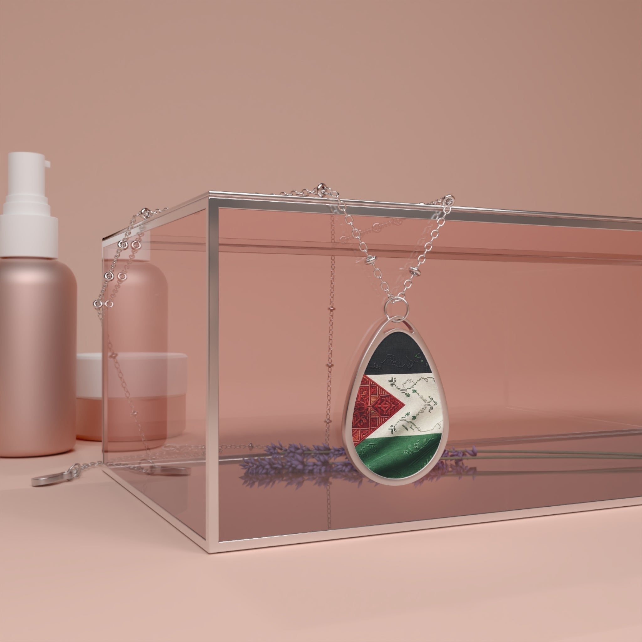 Palestinian Flag Oval Necklace | Teardrop Pendant, Silver Tone