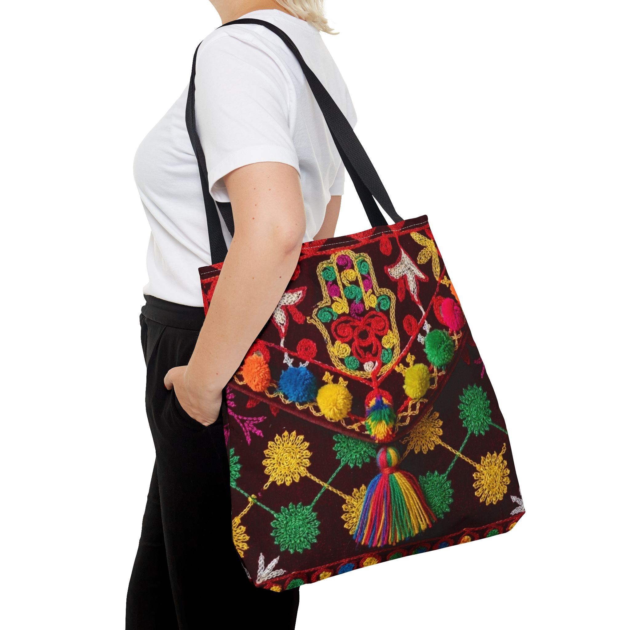 Marrakech Colors Tote Bag | Colorful Pom Pom Boho Print