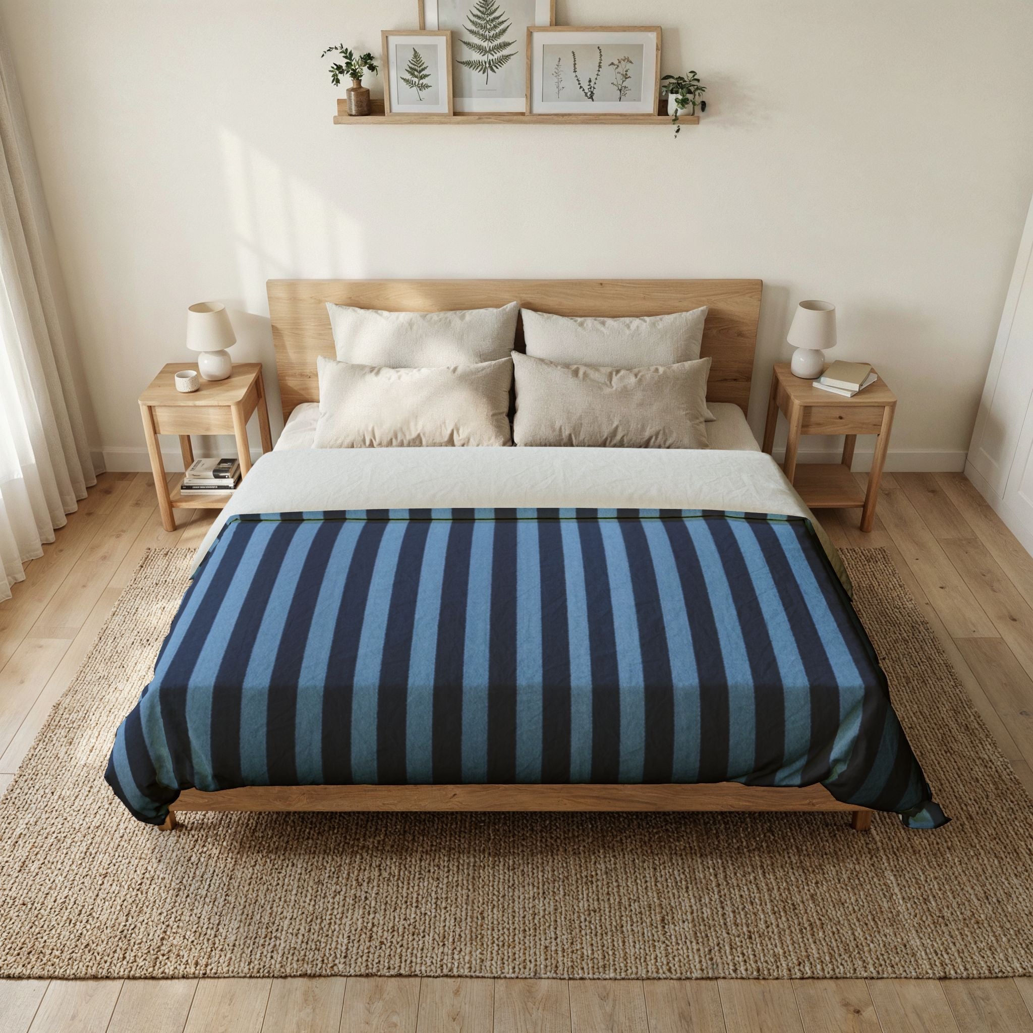 Navy Blue and Sky Stripe Cotton Duvet Cover