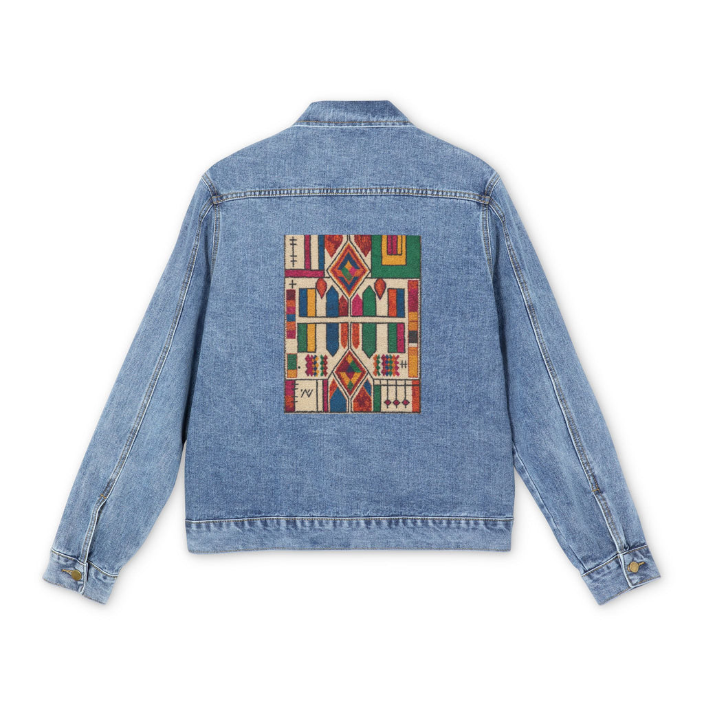 Geometric Kente Pattern Denim Jacket | African Print Back Patch