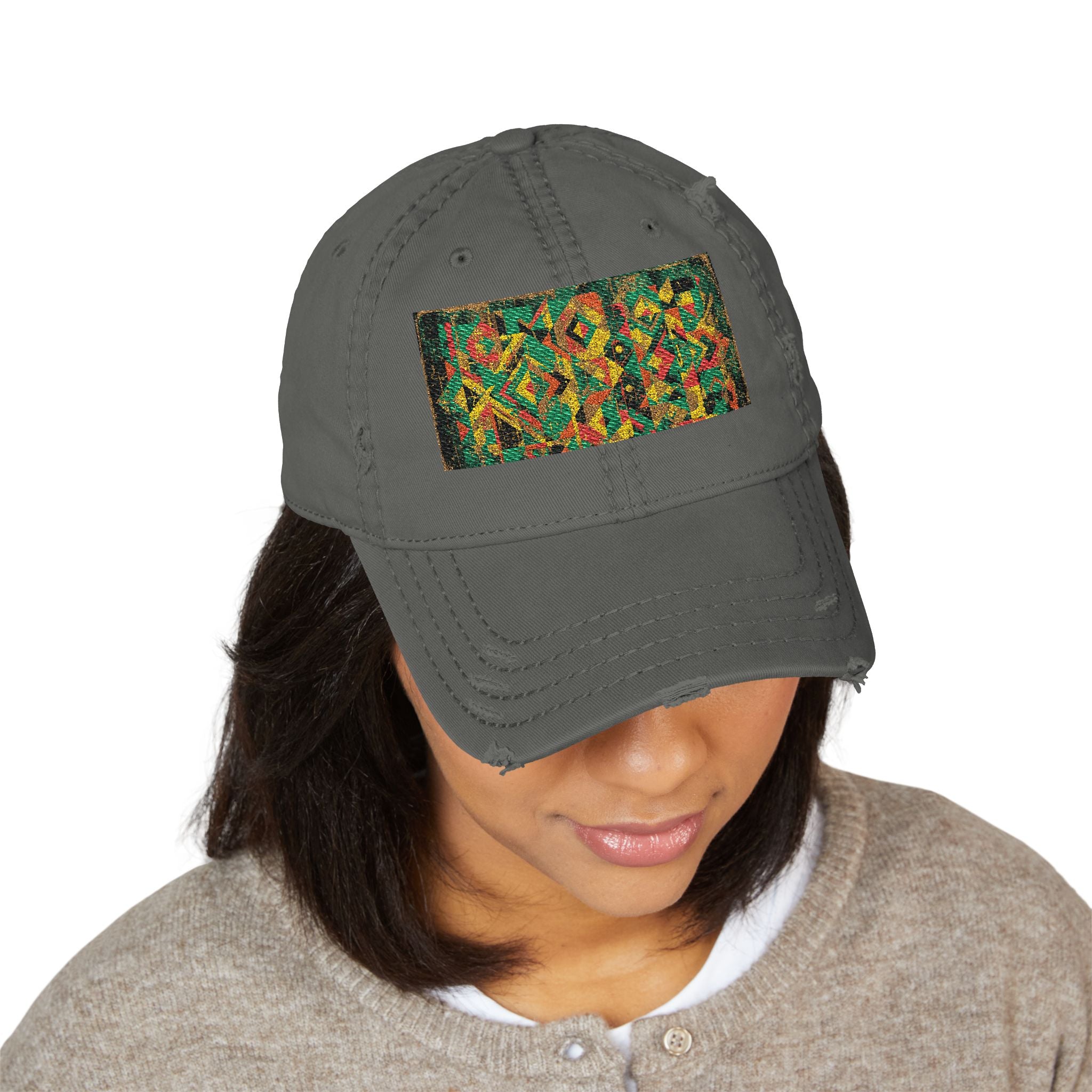 Abstract Colorful Geometric Embroidery Dad Hat | Distressed Patch Cap