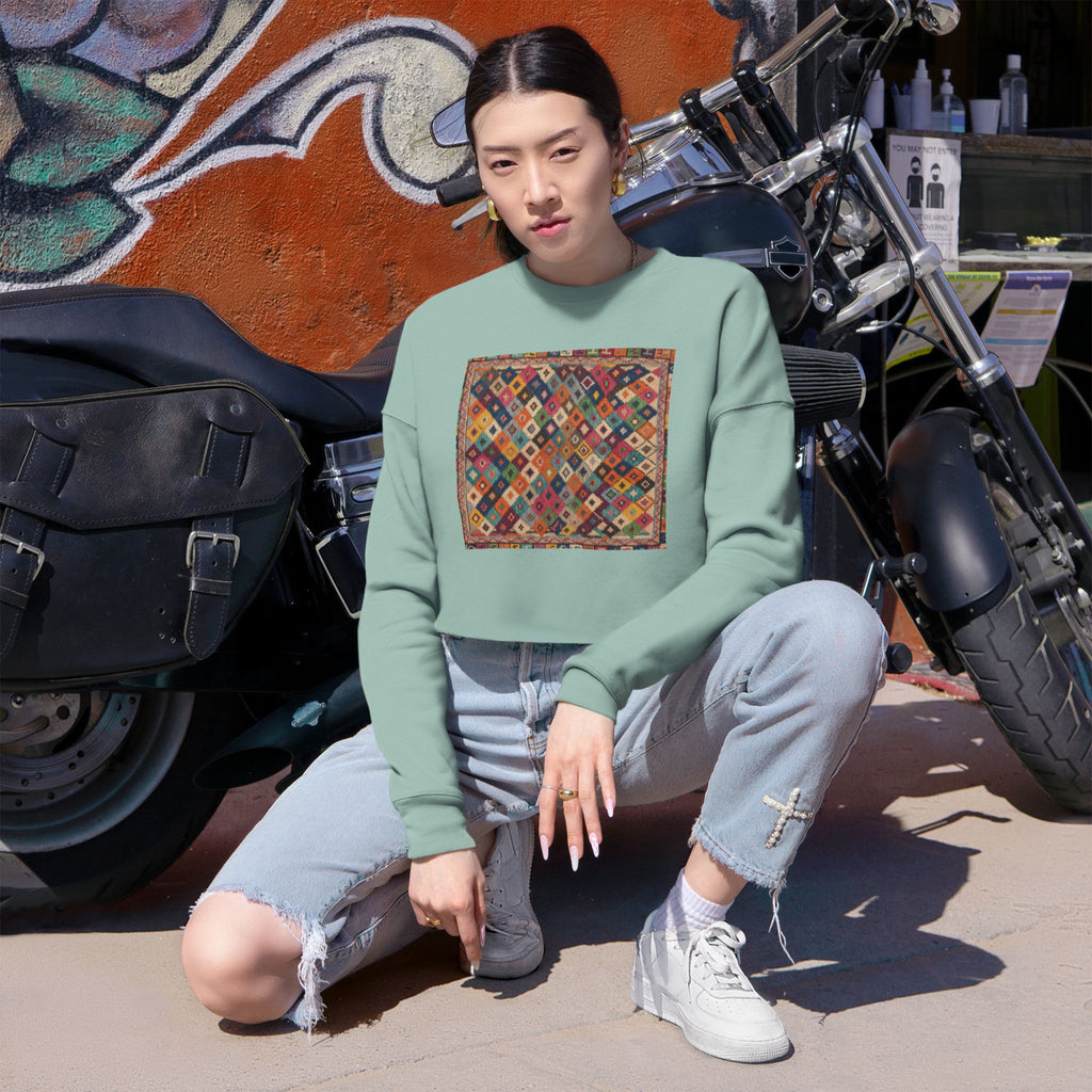 Colorful Patchwork Quilt Cropped Sweatshirt | Boho Geometric Pattern