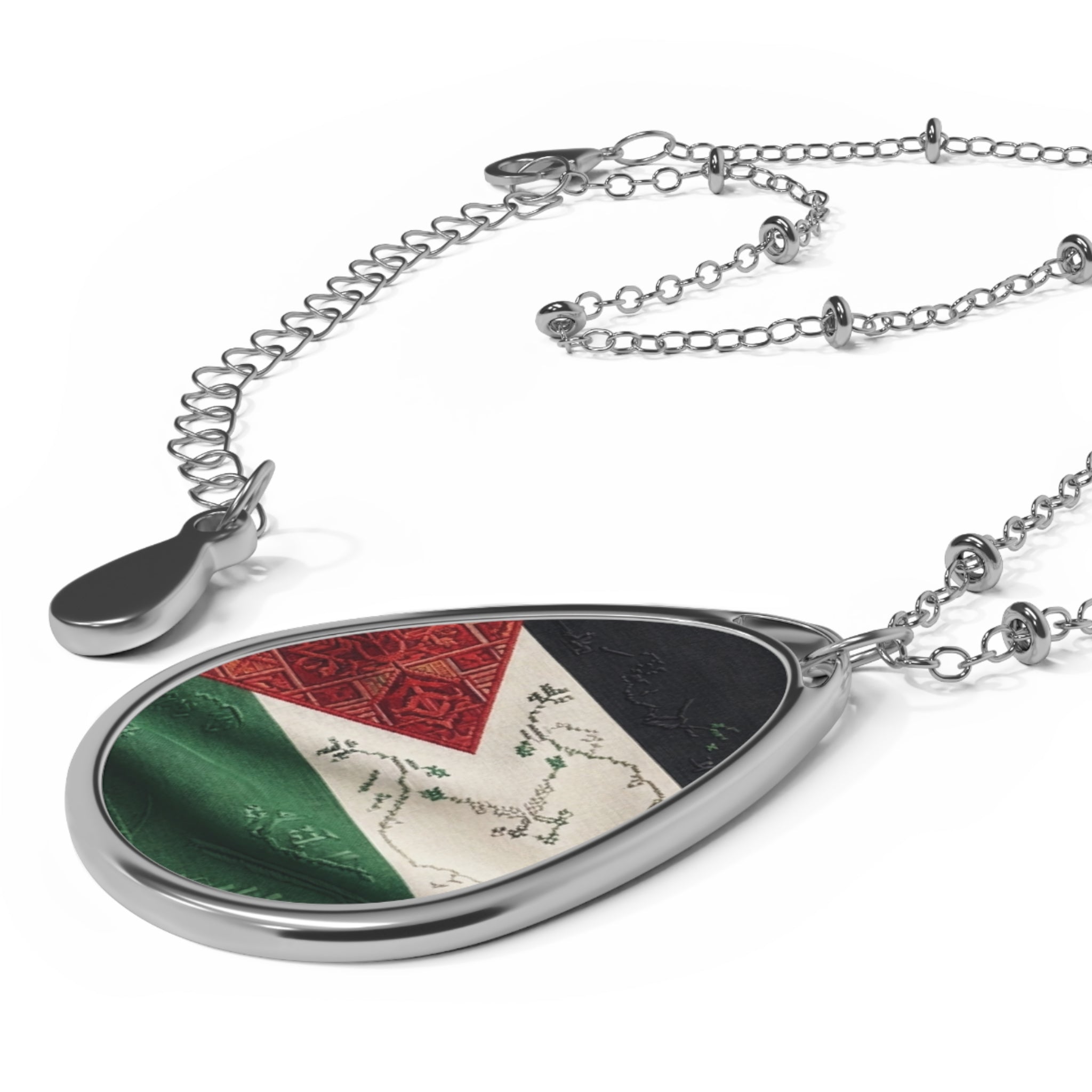 Palestinian Flag Oval Necklace | Teardrop Pendant, Silver Tone