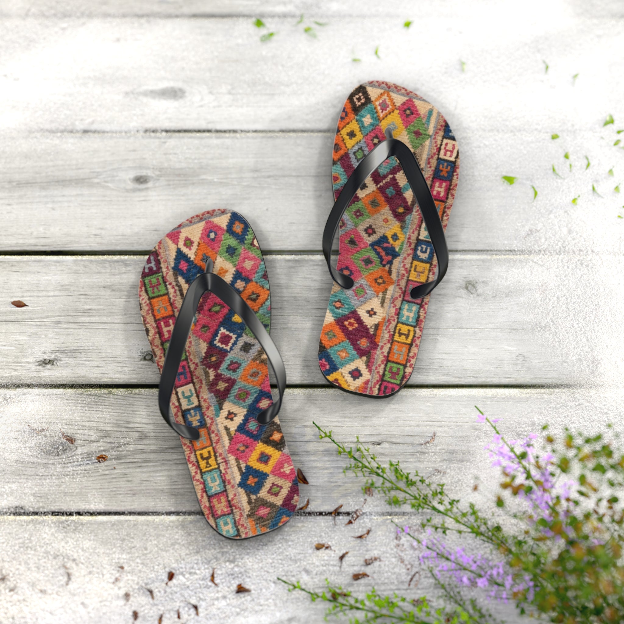Boho Kilim Pattern Flip Flops | Colorful Tribal Slip-Ons
