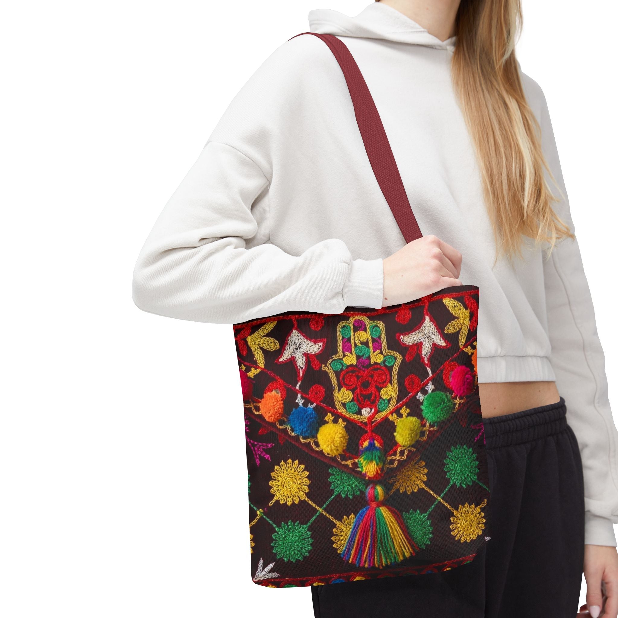 Colorful Hamsa Hand Pom Pom Pattern Tote Bag | Boho Embroidered Style