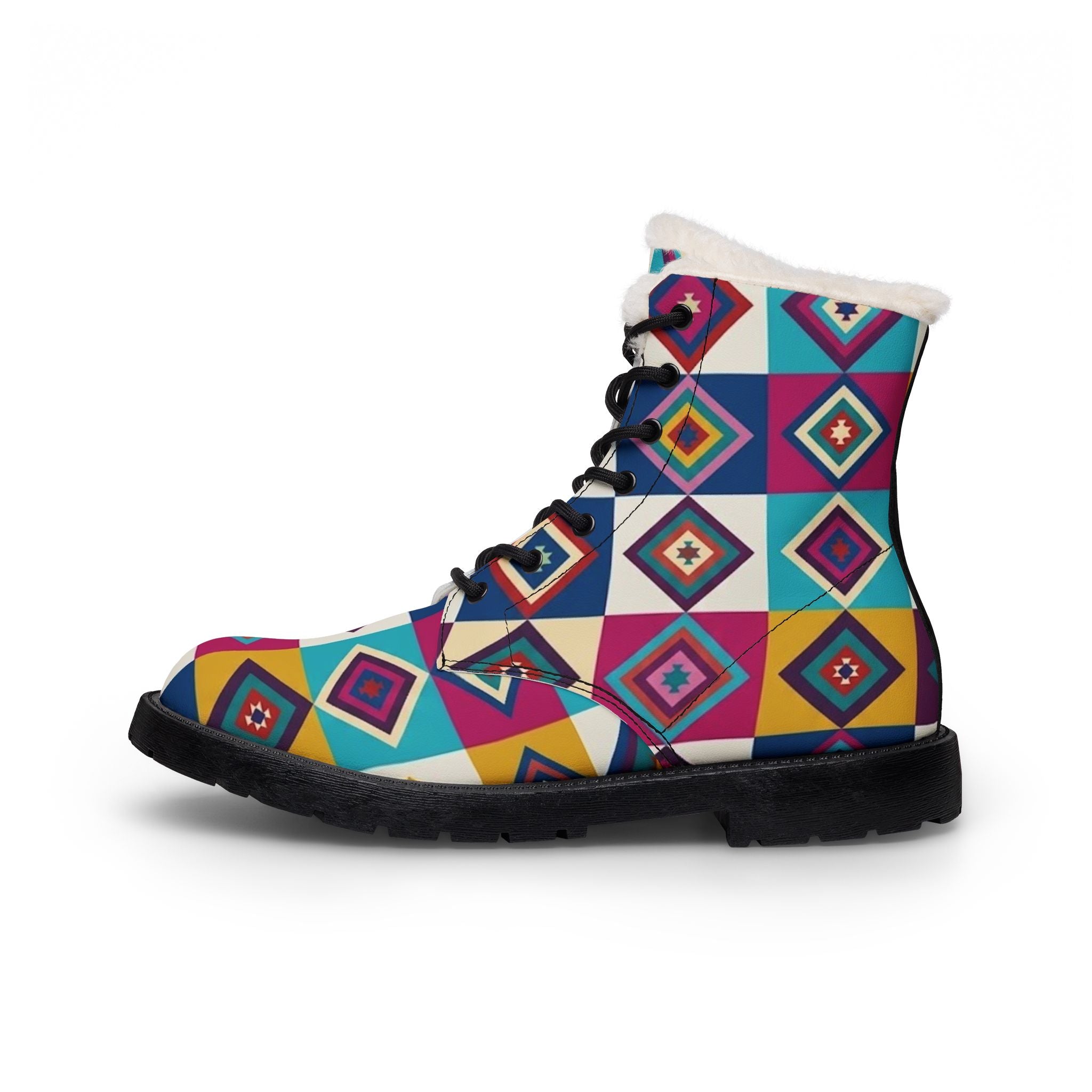 Colorful Geometric Diamond Pattern Boots | Women's Fur Lined Leather Boots