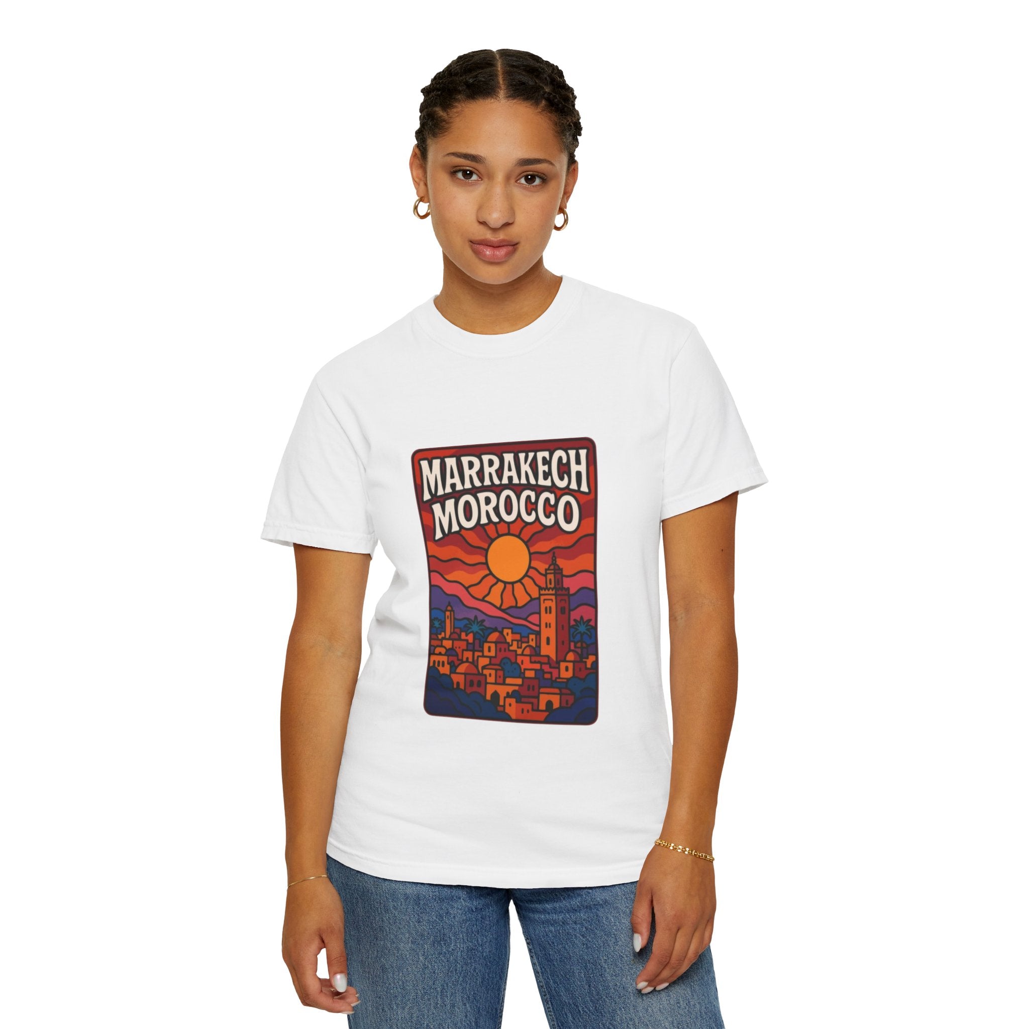 Marrakech Morocco Sunset Illustration T-Shirt | Moroccan Cityscape Tee