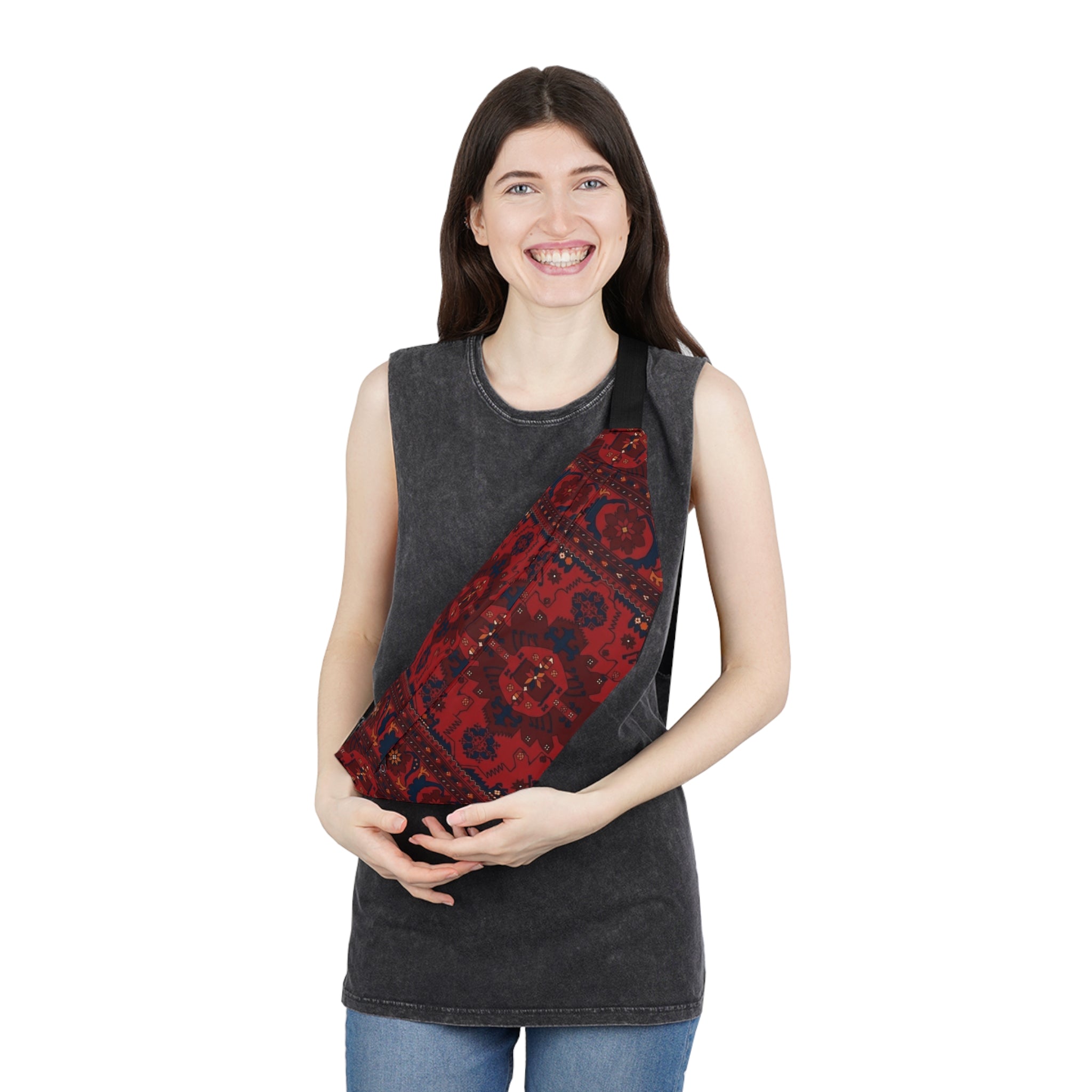 Red Persian Rug Pattern Fanny Pack | Large Waist Bag, Boho Travel Accessory