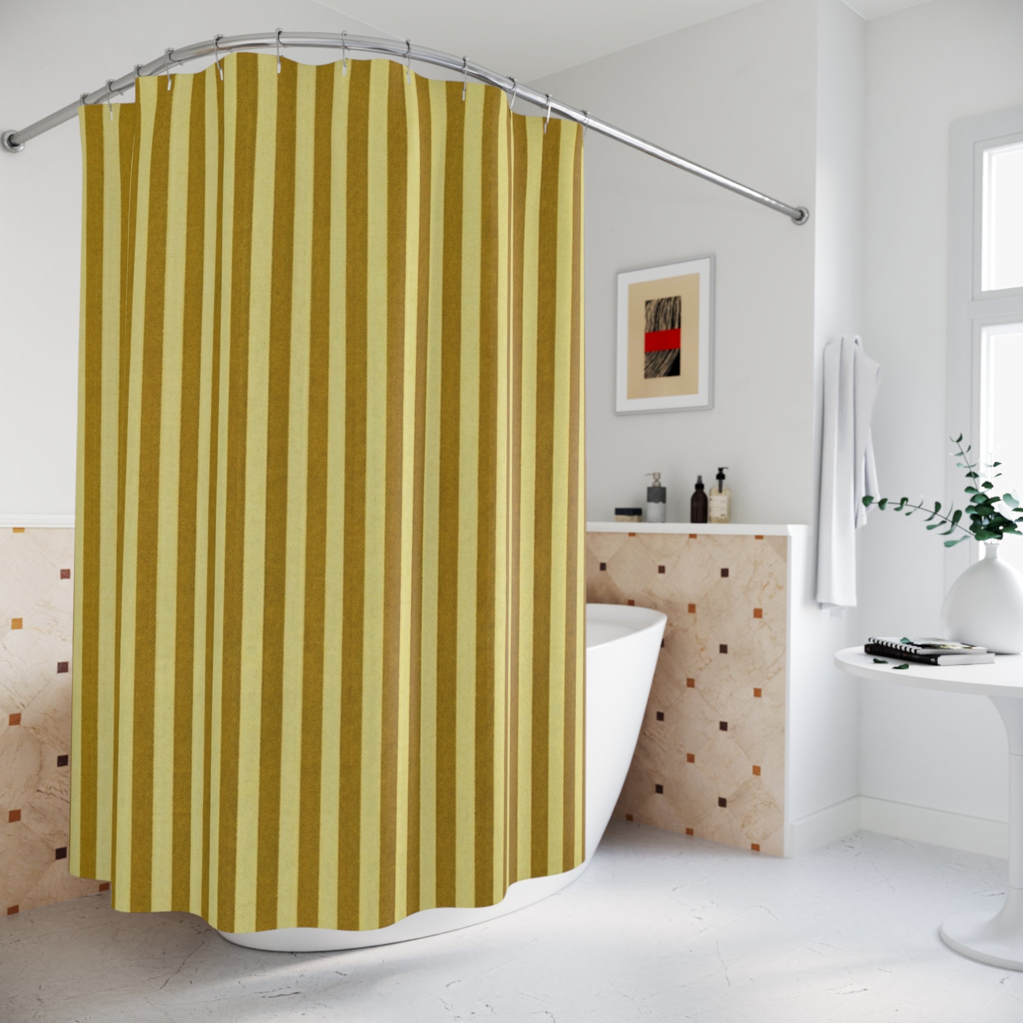 Mustard Yellow Vertical Stripe Shower Curtain | Retro Bathroom Decor