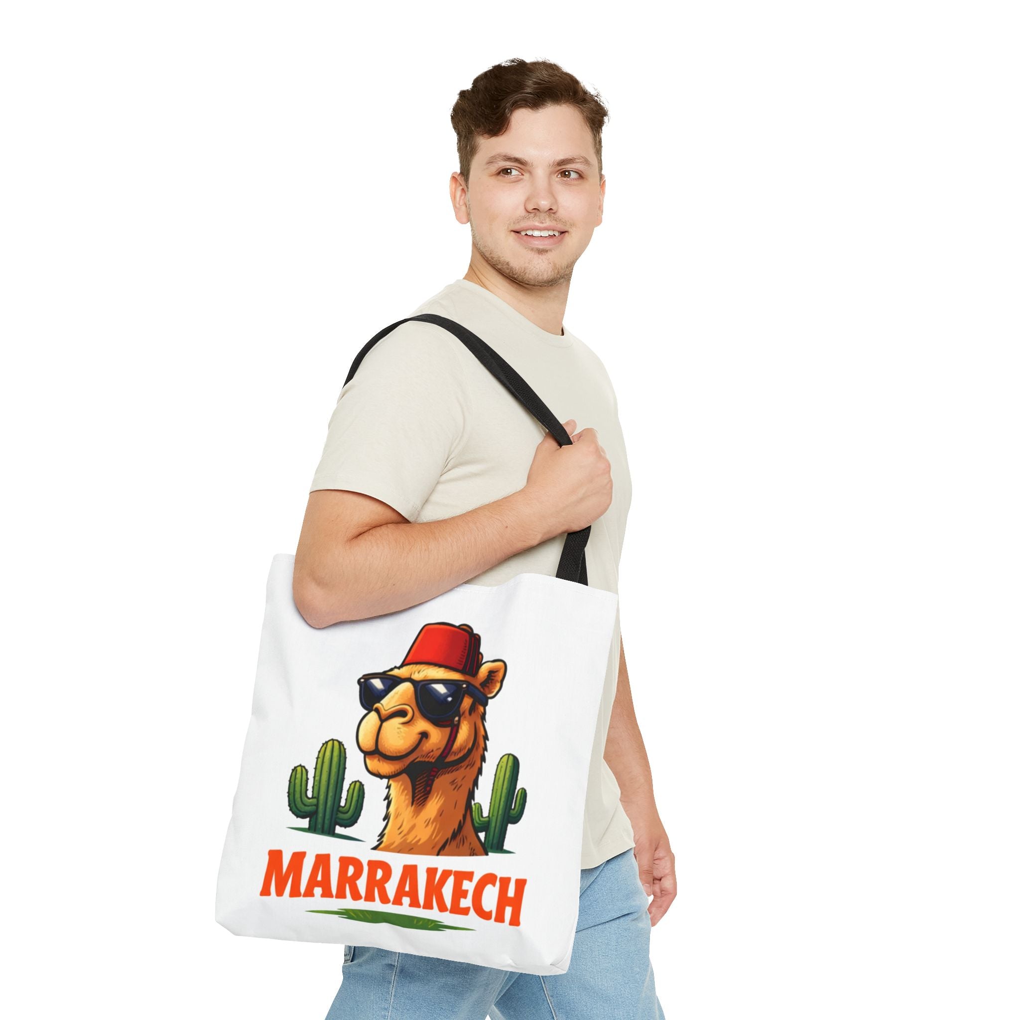 Marrakech Coco Chamelle Tote Bag — Cool Camel with Sunglasses Travel Tote
