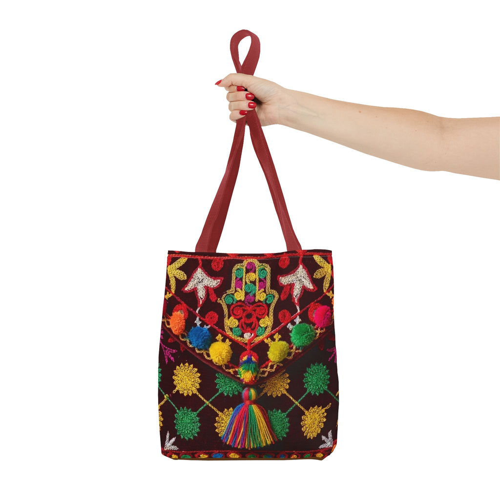 Colorful Hamsa Hand Pom Pom Pattern Tote Bag | Boho Embroidered Style