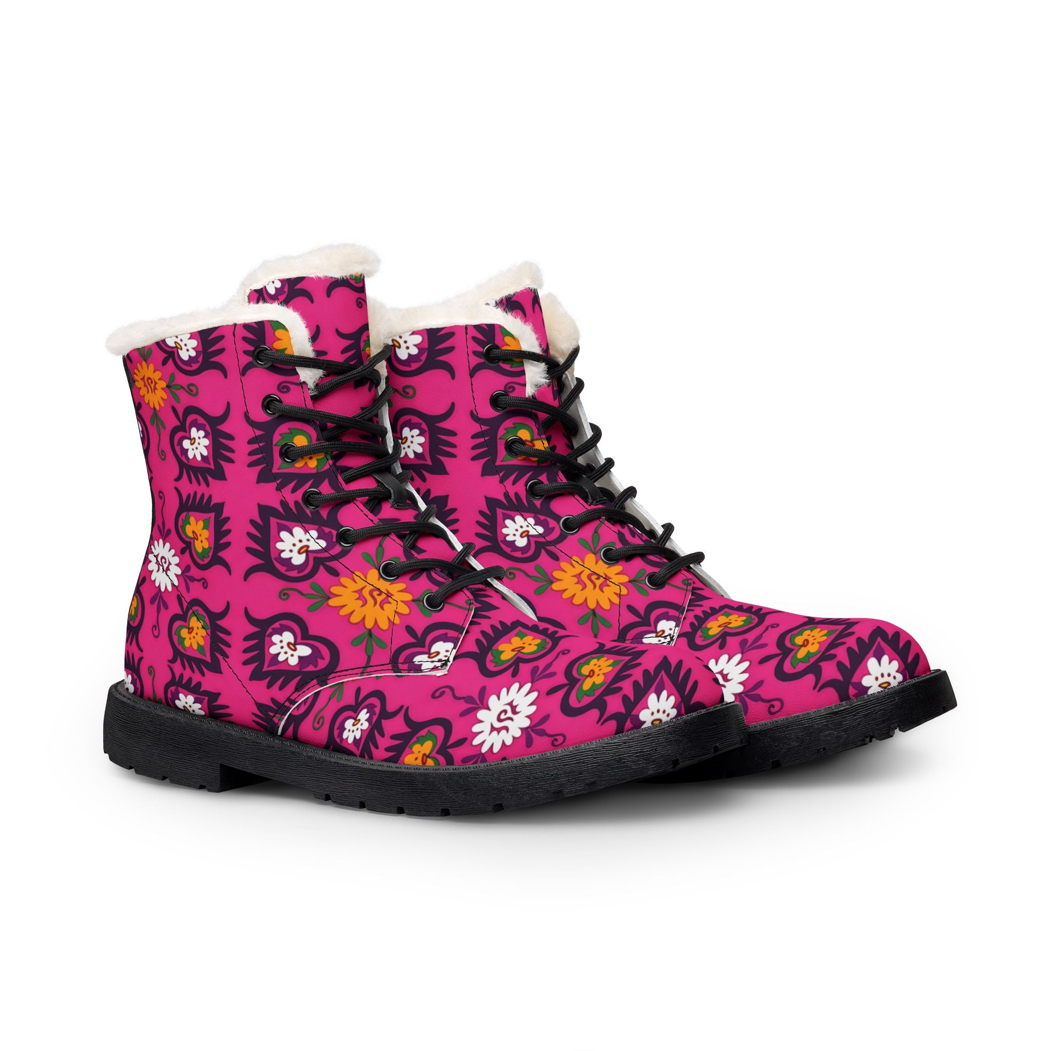 Pink Floral Pattern Boots | Fur Lined Leather Combat Boots