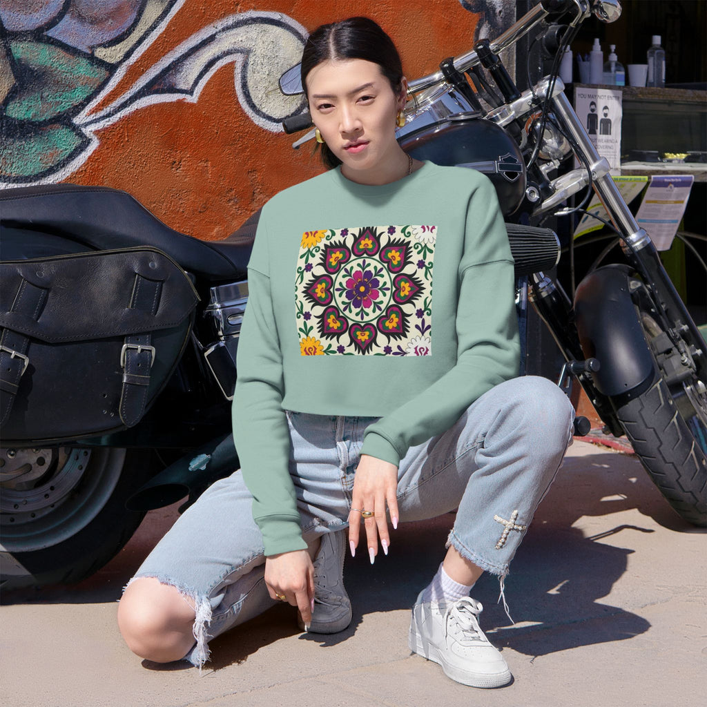 Floral Mandala Tile Cropped Sweatshirt | Boho Flower Pattern